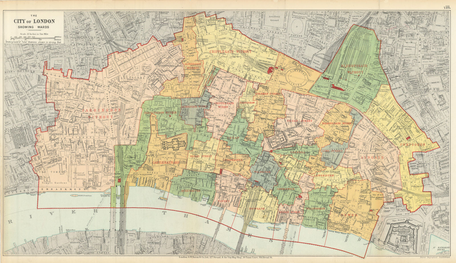 CITY OF LONDON showing WARDS. Churches & public buildings plans. BACON 1913 map